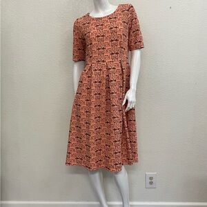 Elegant Coral Cat Print Midi Dress